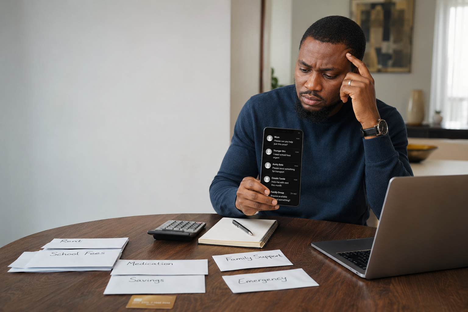 African professional reviewing repeated family-money requests